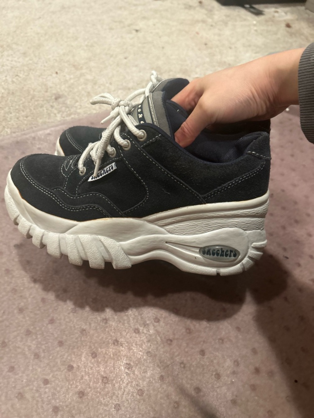 Skechers Black and White Suede Platform Sneakers